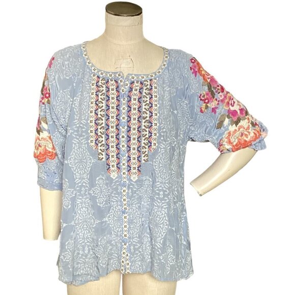 Sundance Ballets Melody Embroidered Detail Blouse Sz L Blue #228D - Picture 1 of 12